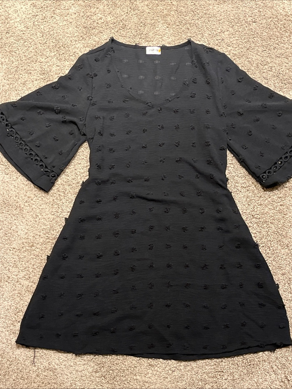 Black Swiss Dot V-Neck Mini Dhift Dress with Eyelet Trim wide bell sleeves